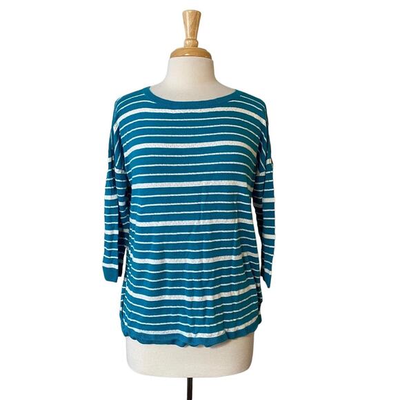 Talbots Sweater Large Women's Teal & White Striped Lightweight Pullover Top (15) - Picture 1 of 9